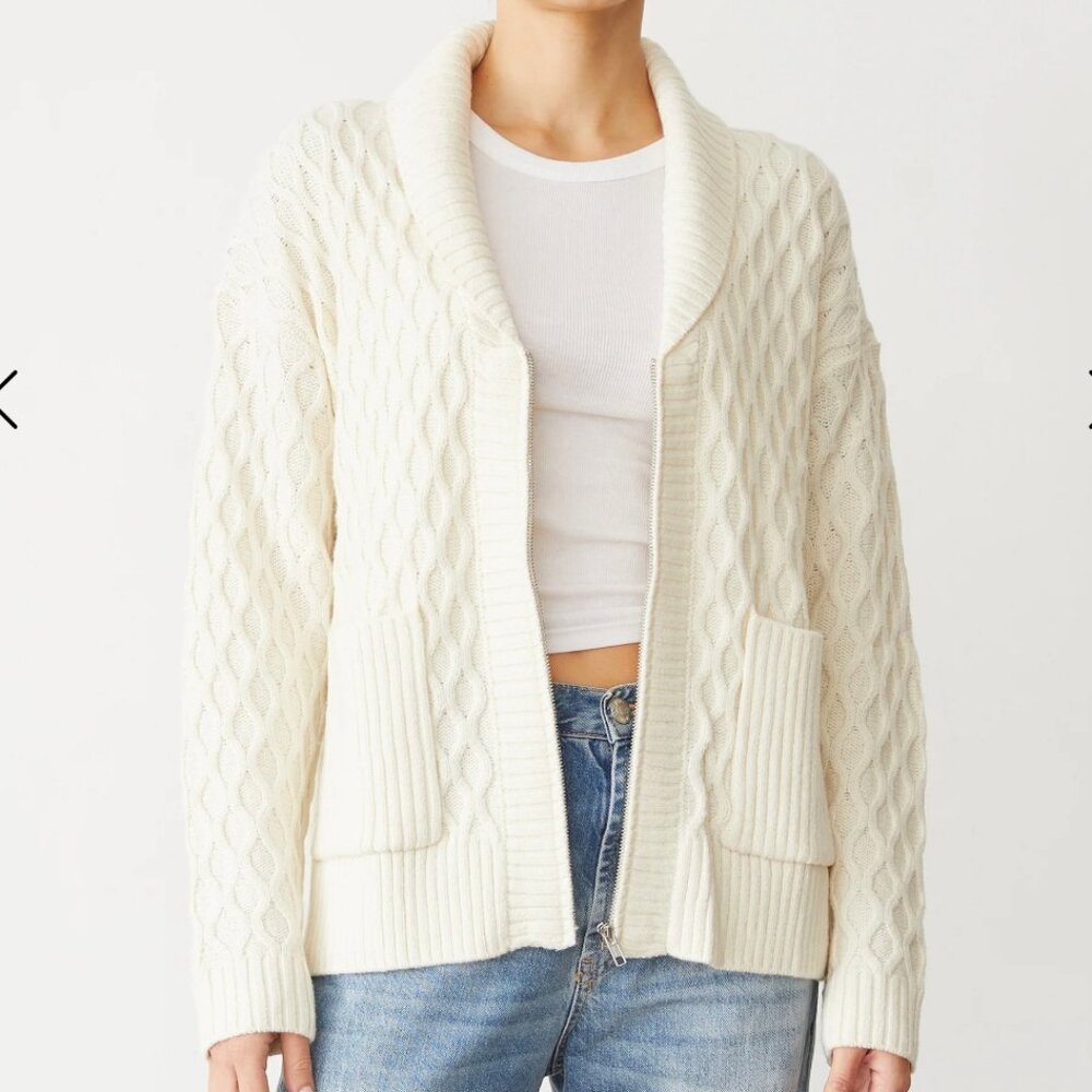Monrow Cable Knit Front Zip Cardigan in Light Ivory
